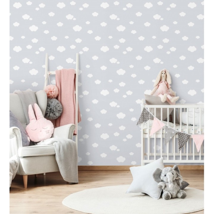 Papel pintado infantil de nubes blancas fondo gris - Zoe Cloud 128824