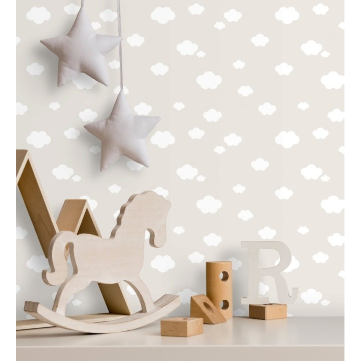 Papel pintado infantil de nubes blancas fondo beige - Zoe Cloud 128825