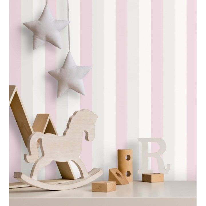 Papel pintado infantil de rayas rosa gris claro y blanco - Elif Stripe 128826
