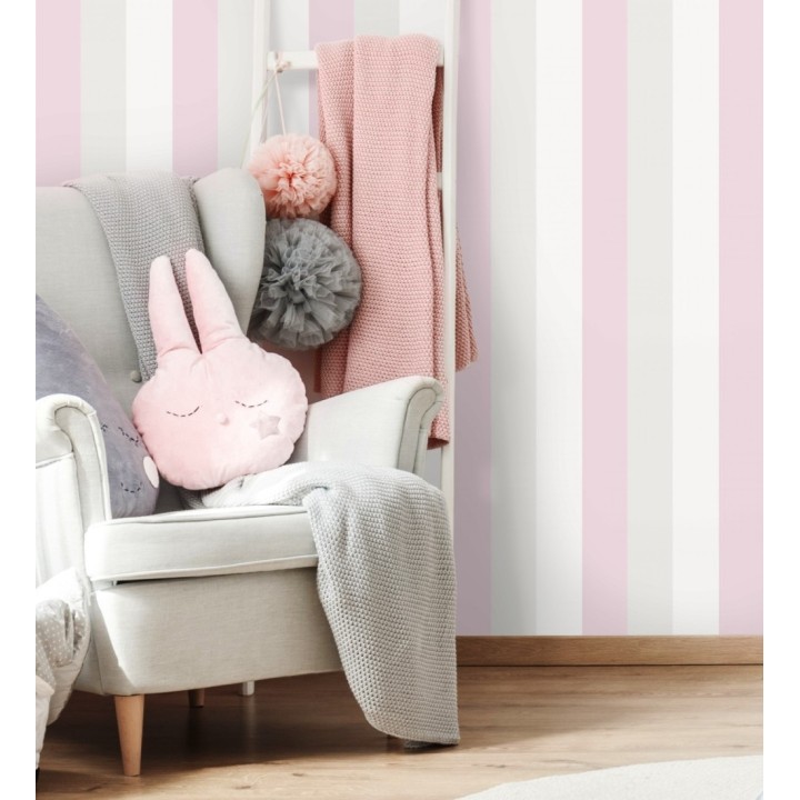 Papel pintado infantil de rayas rosa gris claro y blanco - Elif Stripe 128826