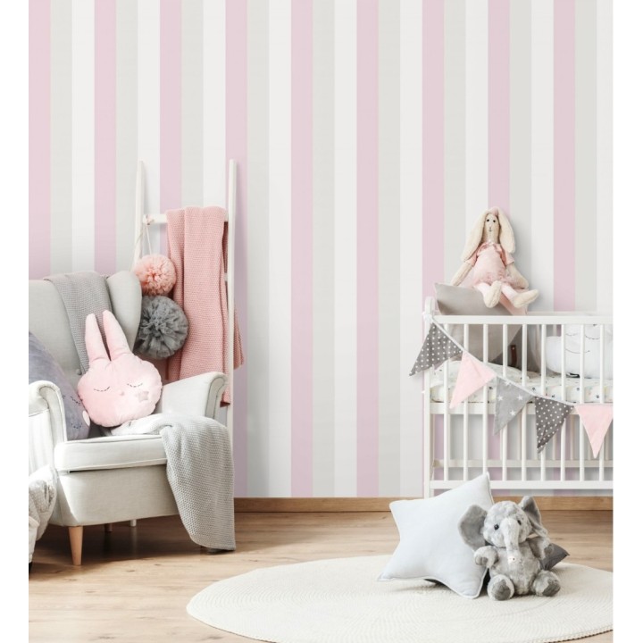 Papel pintado infantil de rayas rosa gris claro y blanco - Elif Stripe 128826