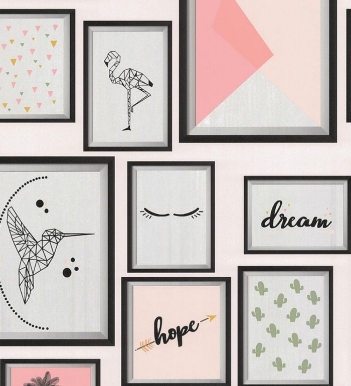 Papel pintado juvenil de cuadros letras pájaros estilo romántico - Lorette 128829