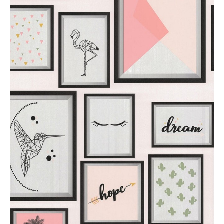 Papel pintado juvenil de cuadros letras pájaros estilo romántico - Lorette 128829