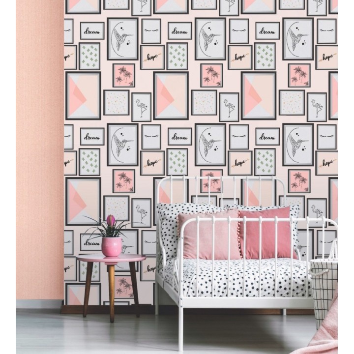 Papel pintado juvenil de cuadros letras pájaros estilo romántico - Lorette 128829