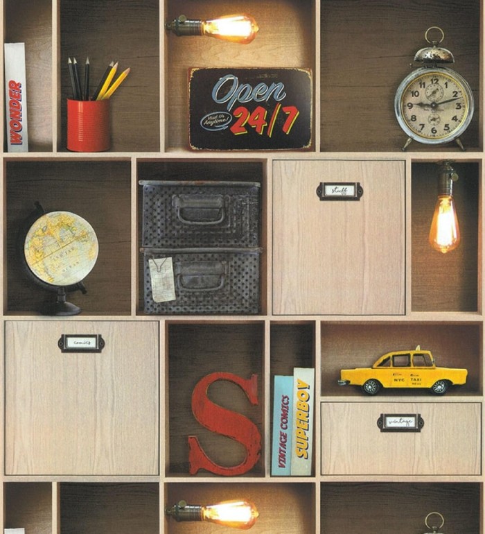 Papel pintado estantería de libros juvenil y objetos retro - Mynor 128831