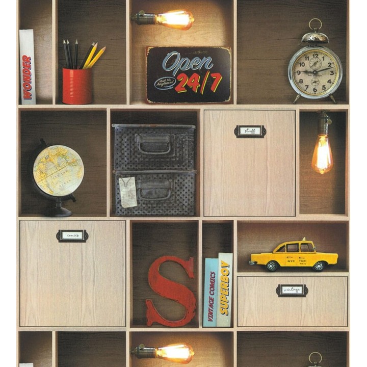 Papel pintado estantería de libros juvenil y objetos retro - Mynor 128831