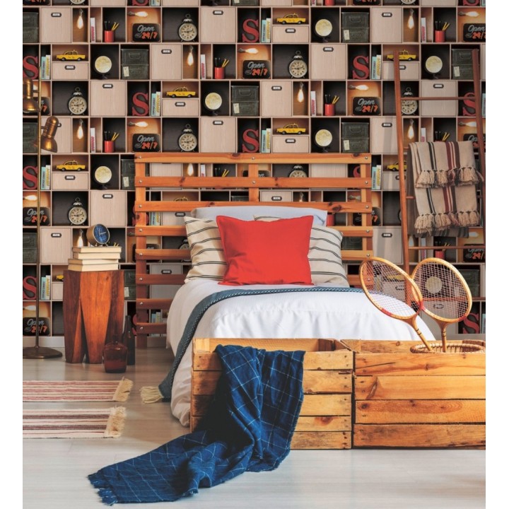 Papel pintado estantería de libros juvenil y objetos retro - Mynor 128831