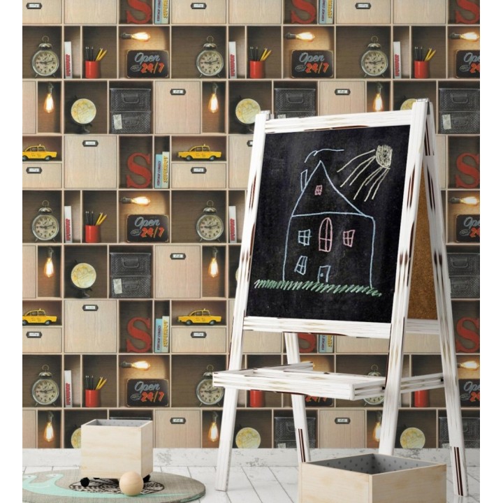 Papel pintado estantería de libros juvenil y objetos retro - Mynor 128831