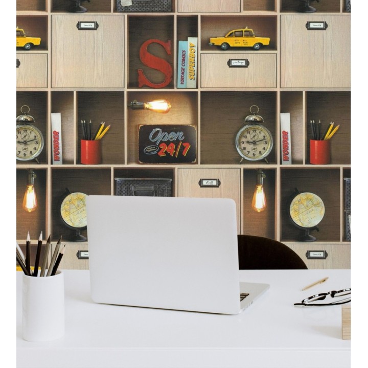 Papel pintado estantería de libros juvenil y objetos retro - Mynor 128831