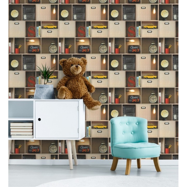 Papel pintado estantería de libros juvenil y objetos retro - Mynor 128831