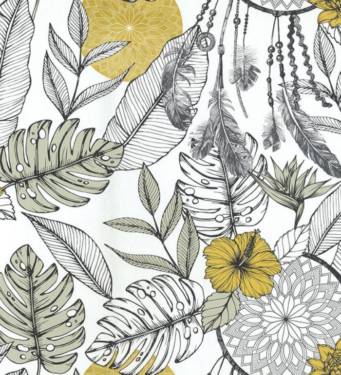 Papel pintado de atrapasueños flores amarillas y hojas verde y gris - Amanda Spring 128832