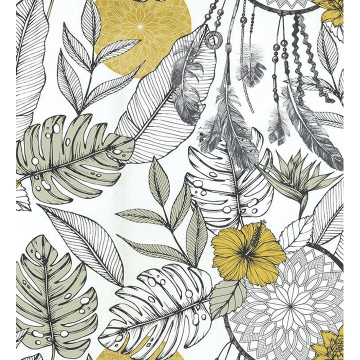 Papel pintado de atrapasueños flores amarillas y hojas verde y gris - Amanda Spring 128832