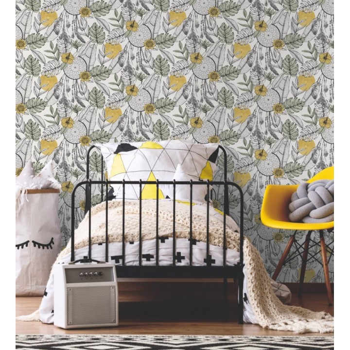 Papel pintado de atrapasueños flores amarillas y hojas verde y gris - Amanda Spring 128832