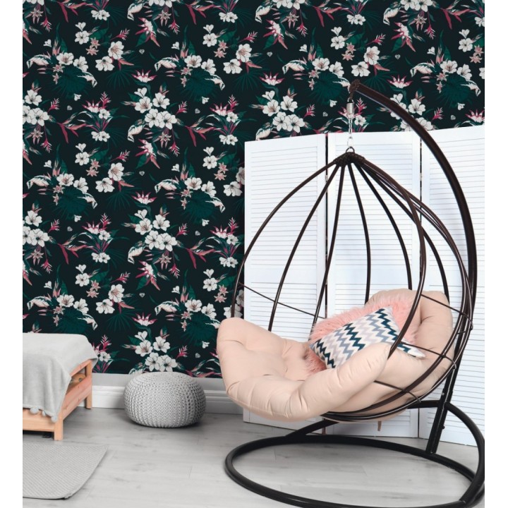 Papel pintado flores blancas fondo negro estilo japonés - Irene Flowers 128834