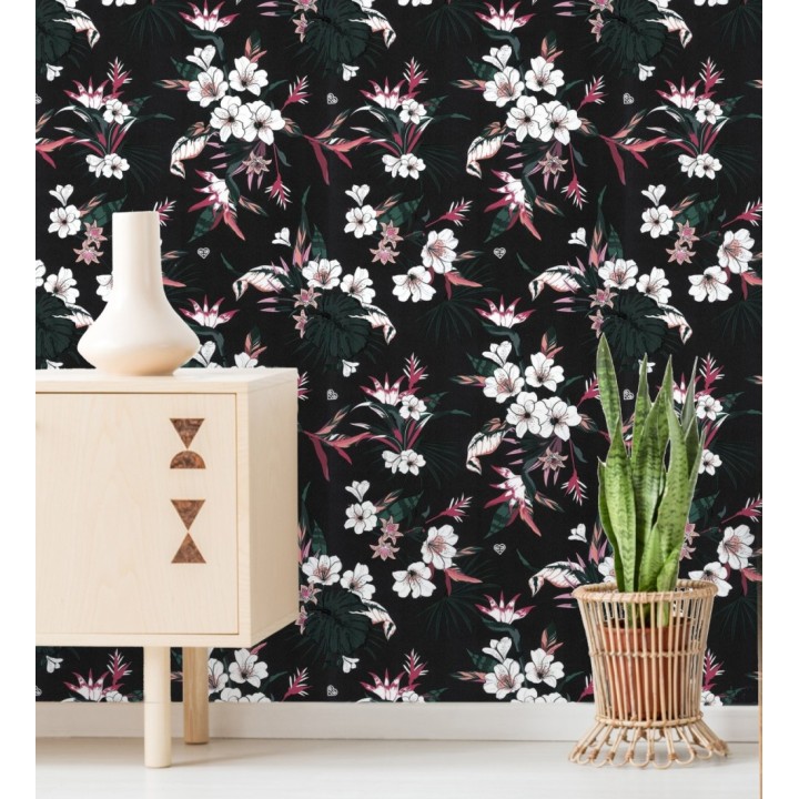 Papel pintado flores blancas fondo negro estilo japonés - Irene Flowers 128834