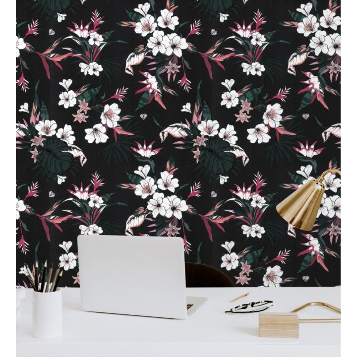 Papel pintado flores blancas fondo negro estilo japonés - Irene Flowers 128834