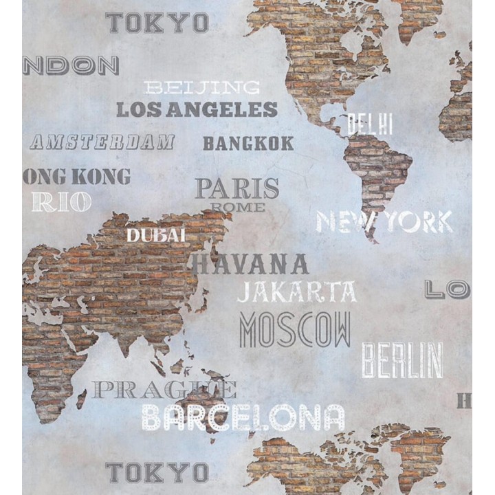 Papel pintado mapa de capitales del mundo sobre pared de ladrillos estilo industrial - Marvin 128835