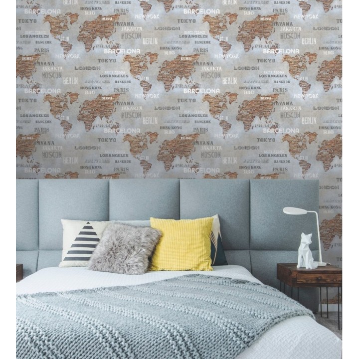Papel pintado mapa de capitales del mundo sobre pared de ladrillos estilo industrial - Marvin 128835
