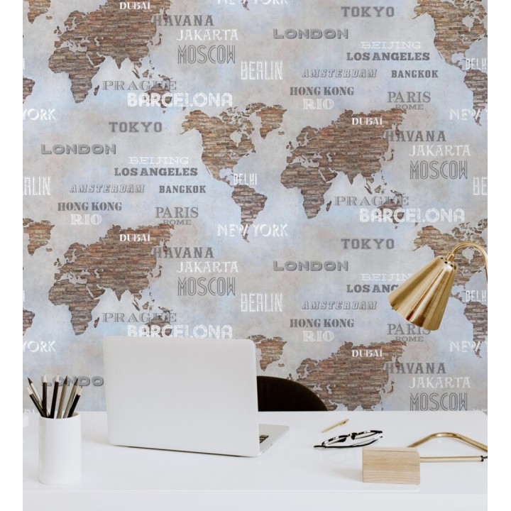 Papel pintado mapa de capitales del mundo sobre pared de ladrillos estilo industrial - Marvin 128835