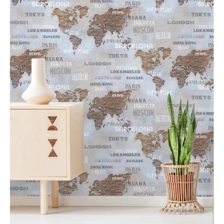 Papel pintado mapa de capitales del mundo sobre pared de ladrillos estilo industrial - Marvin 128835
