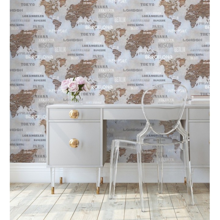 Papel pintado mapa de capitales del mundo sobre pared de ladrillos estilo industrial - Marvin 128835