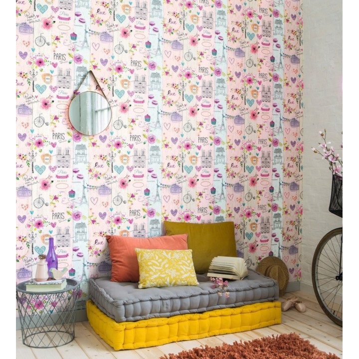 Papel pintado juvenil de dibujo de casas corazones y monumentos de París estilo romántico - Eliette Paris 128838