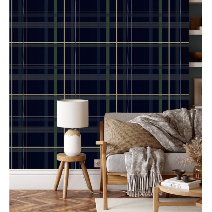 Papel pintado cuadro escocés azul oscuro - Nilton 128843