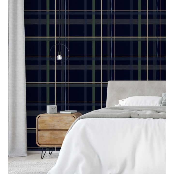 Papel pintado cuadro escocés azul oscuro - Nilton 128843
